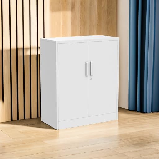 Yizosh Metal Garage Storage Cabinet - Lockable 35.5" Steel File Cabinet with 2 Adjustable Shelves | White