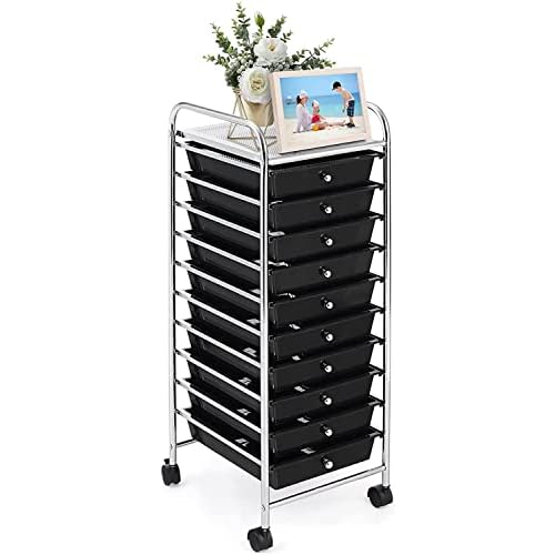 FUTADA 10-Drawer Rolling Storage Cart, Mobile Utility Cart, Multipurpose Storage Organizer with Lockable Casters (Black)