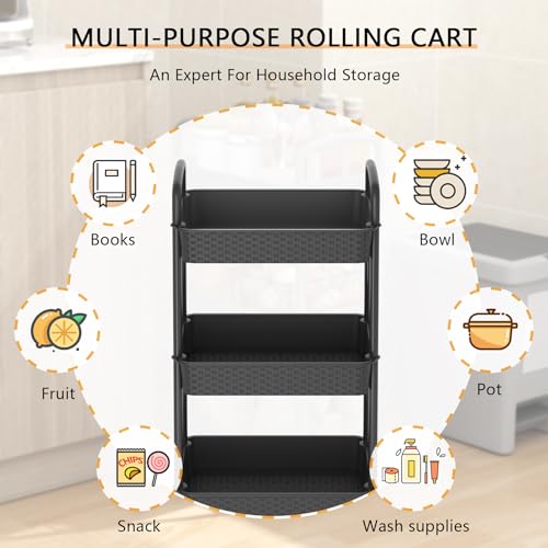 MOYIPIN 3-Tier Rolling Utility Cart with Handle, Black, 31.1" High, 15.35"D x 11.41"W, 360° Casters