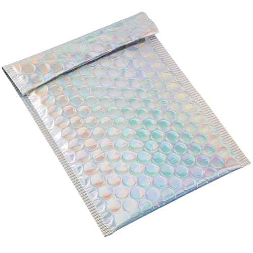 HOIGON 100 PCS 5 x 6 Inch Silver Metallic Bubble Mailers, Foil Glitter Poly Padded Mailing Cushion Envelopes, Holographic Self Seal Adhesive Shipping Bags for Mailing, Packing
