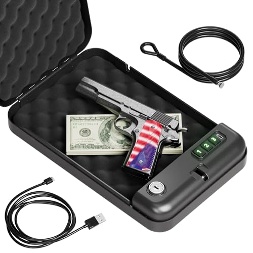 Grimtron Portable Pistol Safes ? Electronic Lock Box & Key Access, Silent Mode, Compact Car Gun Safe for Handgun, Small Single Safe for Travel, Office, Dorm Use