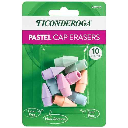 Ticonderoga Pencil Cap Erasers, Assorted Pastel Colors, 10 Count