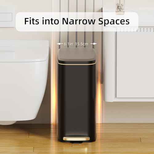 Small Bathroom Trash Can with Lid Soft Close, Step Pedal, 6L / 1.6 Gal Stainless Steel Garbage Bin with Removable Inner Bucket, Slim Wastebasket for Narrow Spaces (Black)