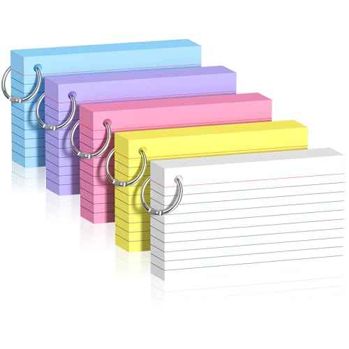 250 Pcs Colored Index Cards with Ring 3 x 5 Inch Heavyweight Ruled Flash Cards, Flashcards with Ring for School & Office Supplies and Home Organization, Durable Study To Do List Lined Note Cards
