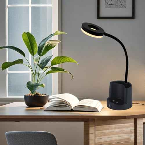 HomeFocus LED Desk Lamp, Eye-Caring Dimmable Reading Light with USB Charging Port & RGB Mood Light, Office Desk Lamp with Pen Holder for Home Office, Bedroom, Study (Black)