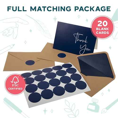 VNS Creations 20 Pack Thank You Cards With Envelopes, Stickers, 4x6 Inch Blank Thank You Notes - Bulk Box Set Large Notes for Graduation, Wedding, Small Business, Baby & Bridal Shower - Navy Blue