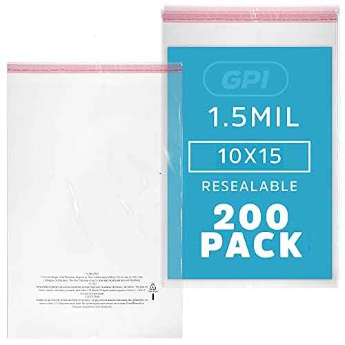 GPI - Pack of 200 10" X 15" Clear Self Seal Poly Bags, 1.5 Mil - Resealable Polybags with Adhesive Strip & Suffocation Warning for Packaging T Shirts Clothing. Perfect for Shipping Supplies with FBA