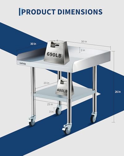 Garvee 30x30 Inch Stainless Steel Mobile Work Table with 3-Sided Backsplash, Height-Adjust Undershelf & Locking Casters (30x30x26)