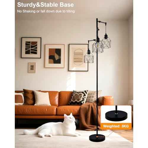 Lightdot 67IN 3-Light Floor Lamp for Living Room, Dimmable Tree Floor Lamp with Black Elegant Cages, Industrial Standing Tall Lamps with E26 LED Bulbs Included, Farmhouse Rustic lamp for Bedroom-Black