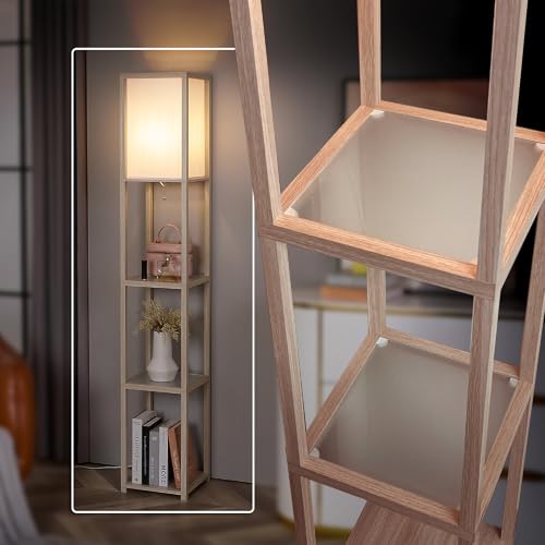 FENLO Floor Lamp with Shelves ? Tall Standing Lamp with Tempered Glass Tiers ? Modern Minimalist Floor Lamp for Bedroom, Living Room, or Corner Fina