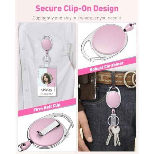 Uniclife 2 Pack Retractable Badge Reel for Badge Holder Pink Heavy Duty Retractable Keychain Strong ABS Casing with Stainless Steel Spring Coil 24 Inch Nylon Rope Carabiner Clip and Key Ring