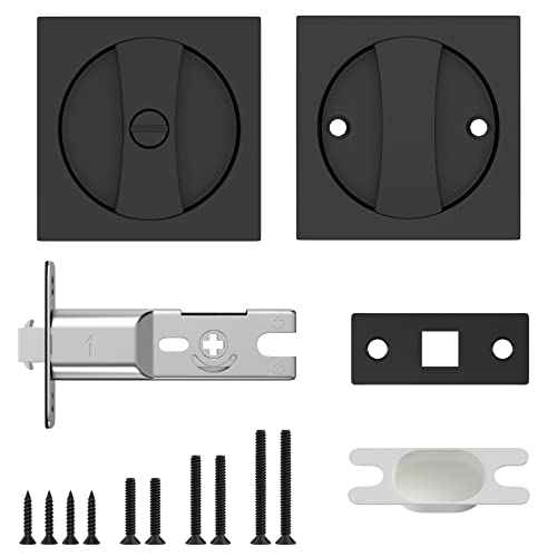 Haidms Matte Black Pocket Door Lock, Square Pocket Door Hardware, Pocket Door Handles, Black Pocket Door Latch Privacy Lock 1 Pack
