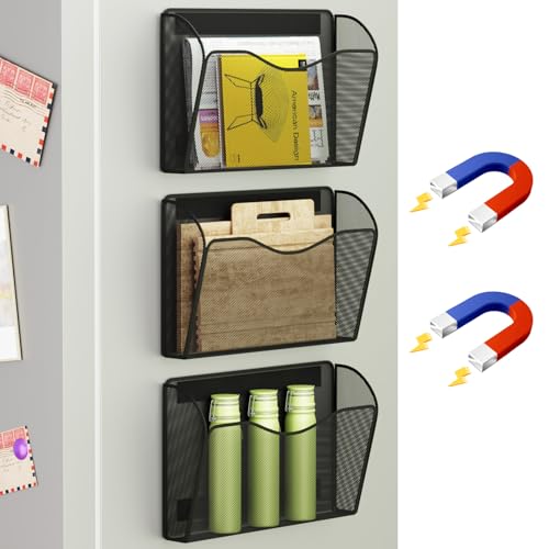GDINDINFAN 3 Pack Magnetic File Holders Black Heavy Duty Wall Organizer
