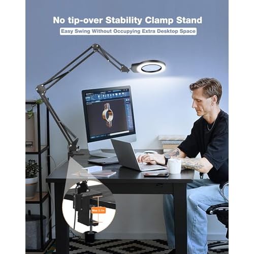NOEVSBIG Desk Magnifying Glass with Light 10+5X Desktop Lamp Close Work Up for Table Crafting, Reading, Sewing, Panting, Soldering, Ultra Long 3-Section Swing Arm Design for Large Workbench