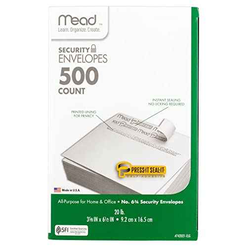Mead #6-3/4 Envelopes, 3-5/8" x 6-1/2", Security Printed Lining for Privacy, Press-It Seal-It Self Adhesive Closure, White All-Purpose 20-lb Paper Mailing Envelopes, 500 Count (742021)