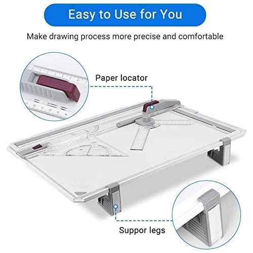 GOTOTOP Drawing Table Board A3 Drafting Board Table Adjustable Measuring System Angle Parallel Motion Drawing Board with Protractor,Paper Locater, Sliding Ruler,Anti Slip Support Leg Office Tool Table