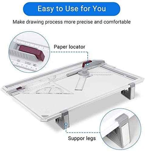 GOTOTOP Drawing Table Board A3 Drafting Board Table Adjustable Measuring System Angle Parallel Motion Drawing Board with Protractor,Paper Locater, Sliding Ruler,Anti Slip Support Leg Office Tool Table