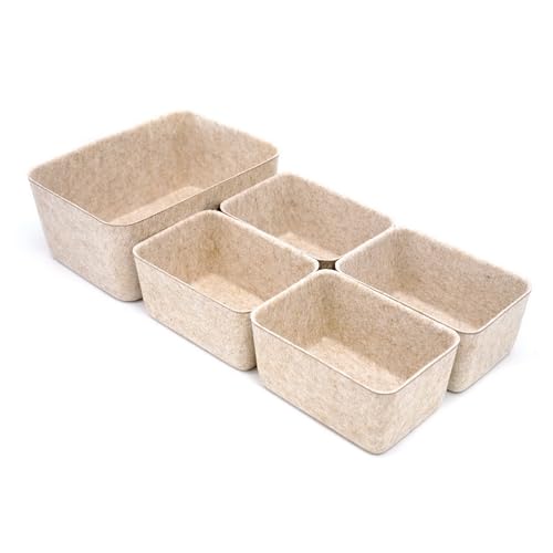 Welaxy 5-piece Drawer organizers dividers storage bins deep storage bin aesthetic wabi-sabi Scandinavian-chic storage bin hygge sleek minimalist lifestyle gifts (Oatmeal)