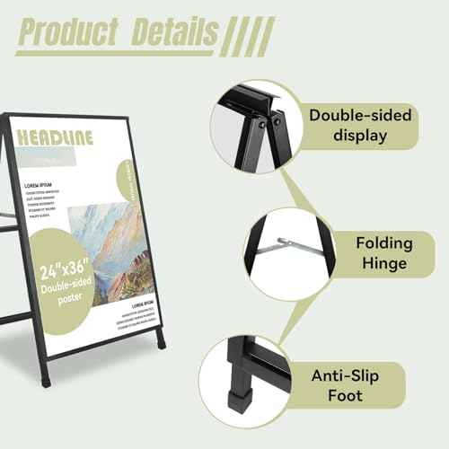 A Frame Sign 24x 36 Inch Heavy Duty Sandwich Board Double-Sided Folding Sign Holder Outdoor Pavement Sign for Businesses Store Signs (Frame only),1PACK