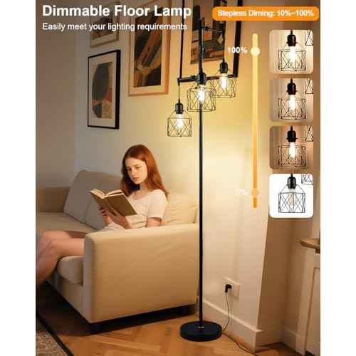 Lightdot 67IN 3-Light Floor Lamp for Living Room, Dimmable Tree Floor Lamp with Black Elegant Cages, Industrial Standing Tall Lamps with E26 LED Bulbs Included, Farmhouse Rustic lamp for Bedroom-Black