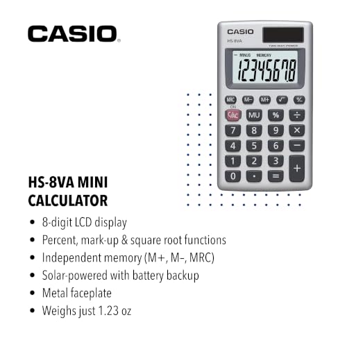 Casio HS-8VA Mini Solar-Powered 8-Digit Pocket Calculator - Pack of 1