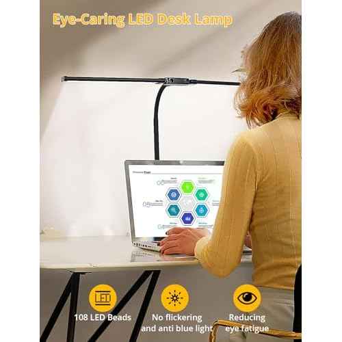 Desk Lamp with Dual Head & 10W Smart Dual USB Charging Port 5 Color Modes Dimmable Reading Light 2600 Lumens 12W Table Lamp for Bedside Office, Adapter Include
