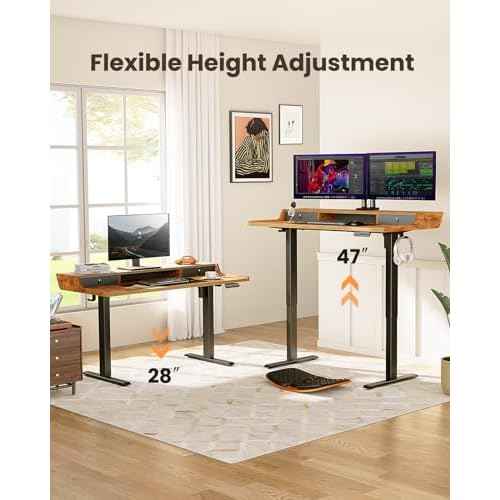 ErGear Electric Standing Desk with Drawers, 48¡È x 24¡È Gaming Table Compatible Monitor Stand, Stand up Desks, Home Office Height-Adjustable Desk with Storage Shelf, 4 Preset Heights, Vintage Brown