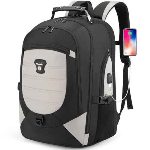 Tzowla Travel Laptop Backpack for Men&Women,17.3" Computer Water Resistant Anti Theft TSA Friendly Backpacks with Lock and USB Charging Port,College Business Work Hiking Bookbag Daypack,Light Grey