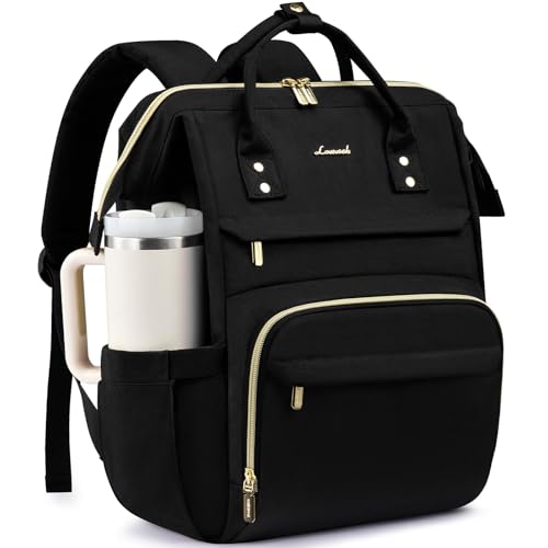 LOVEVOOK Women's Laptop Backpack with 15.6-Inch Cup Holder, Waterproof Travel Bag, Black