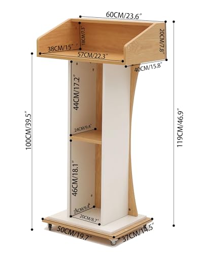 Oak Mobile Wooden Podium Lectern with Lockable Wheels, Storage—Xibolai
