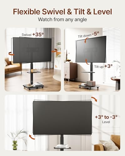 ECOTINY Black Rolling TV Stand for 32-75 Inch TVs up to 110 lbs - Adjustable Height & Swivel