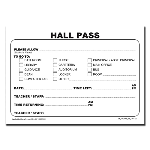 School Hall Pass Book - 100 Pre-Printed Student Bathroom & Classroom Passes, A6 Size
