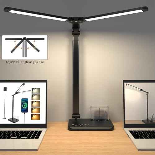 LED Desk Lamp with Dual Heads, Height Adjustable, USB Charging Port, 5 Light Modes & Dimmable Brightness, Bedside Lamp for Reading, Crafting, Work, Study (Black, 15W)