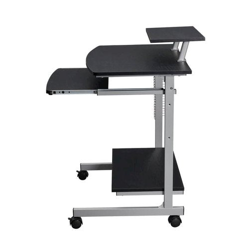 Furnifact Brown Mobile Desk with Adjustable Shelf, Keyboard Tray, Side Media Rack and Locking Casters, Compact Portable Work Station for Small Spaces