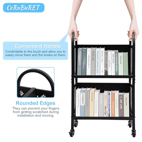 CeRaBuRET Black Rolling Book Cart | 2-Tier Moveable Library Cart with 2 Lockable Wheels, 34in Tall