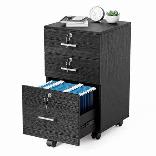 VINGLI 3-Drawer File Cabinet with Lock, Wood Rolling Filing Cabinets for Home Office, Mobile Printer Stand, Under Desk File Organizer for Letter Sized Files, 26" H(Caster Included), Black