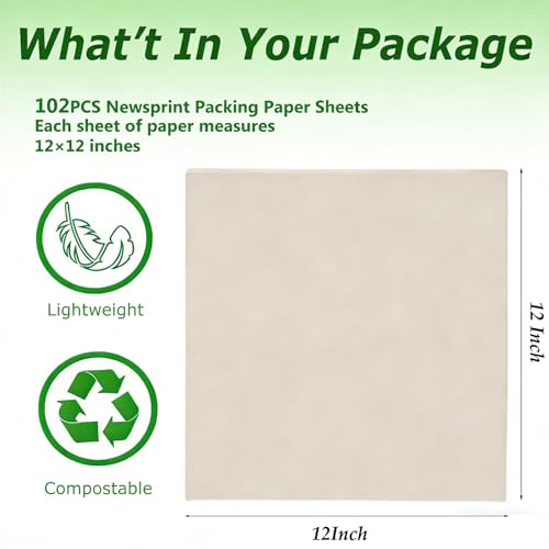102 PCS Packing Paper Sheets for Moving, 12"x12" Wrapping Small