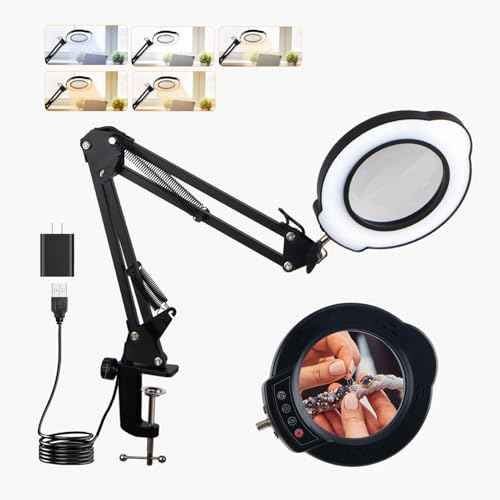 12X Magnifying Glass with Light and Clamp, 84 LEDs 5 Color Modes Stepless Dimmable LED Desk Lamp, Desk Magnifying Glass with Light for Crafts Reading Painting Sewing Repair Close Work