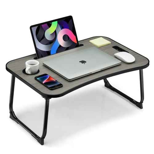 Foldable Lap Desk, Laptop Bed Desk, Portable Lap Table, Laptop Bed Table with Cup Holder & Tablet Slot & Lifting Handle for Working Writing Drawing & Eating - Gray Wood