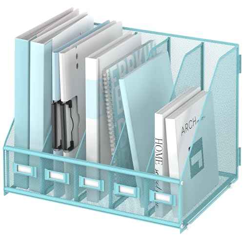 SUPEASY Desk Organizers Metal Desk Magazine File Holder with 5 Vertical Compartments Rack File Organizer for Office Desktop, Home Workspace, Blue