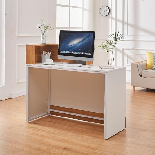 LayBurst 47-Inch Reception Desk with Cable Grommet – Modern White & Wood Counter for Checkout, Lobby