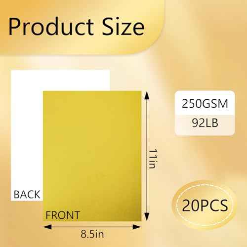 20 Sheets Gold Metallic Cardstock Paper 8.5 x 11in,250GSM Mirror Finish Surface Foil Board Perfect for Crafting, Invitations & Decorations (Gold)