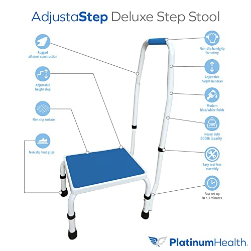 Platinum Health AdjustaStep(tm) Deluxe Step Stool/Footstool with Handle/Handrail, Height Adjustable. 2 Products in 1. Modern White/Blue Design. Padded Non-Slip Handle. 300 lb. Capacity