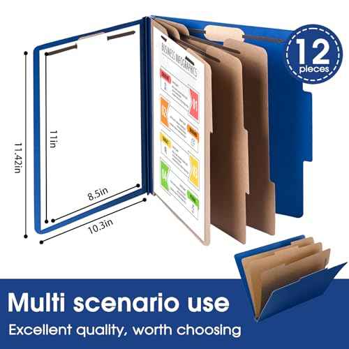 Cesil Pressboard Classification File Folders, 12pcs 3 Dividers Blue File Folders Letter Size with 2 Prongs Fastener, Heavy Duty Office File Organizer for Teacher School Medical Employee File Folers