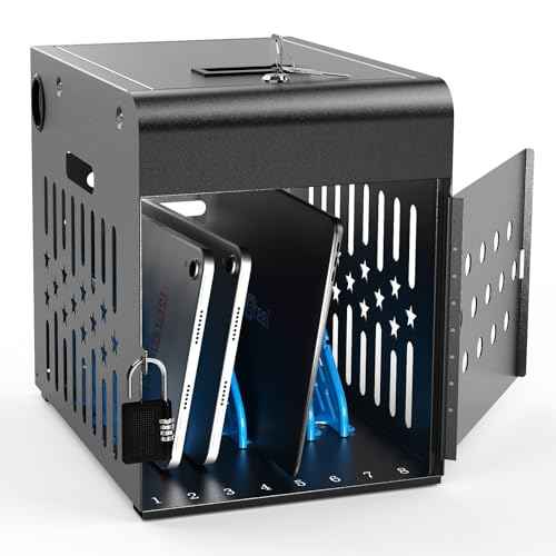 8 Tablet Charging Station Lock Box - Fits 14" Screen, Steel Case & Lockable Door,2 Keys Included - for Chromebook,ipads,Laptop and Tablets - Ideal for Offices, Classrooms and Hospitals(Black)