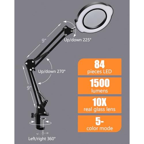 10X Magnifying Glass with Light, 5 Color Modes Stepless Dimmable LED Desk Lamp, Hands Free Lighted Magnifying Glass for Close Work Reading Craft Hobby