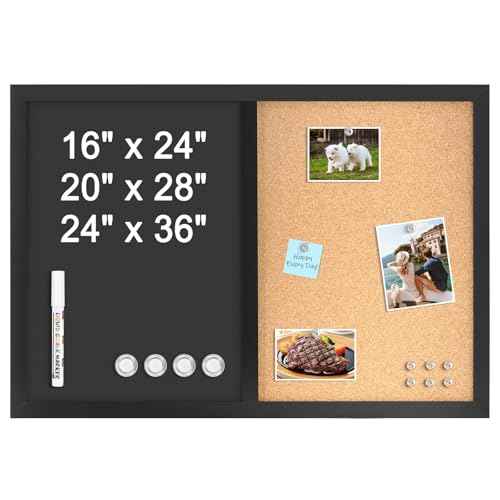 4 THOUGHT Chalkboard Corkboard Combo, 24" x 36" Bulletin Cork Board Magnetic Chalk Board for Wall Combination Board Black Frame Double Use Black Board Cork Board 1 Marker 4 Magnets 10 pins