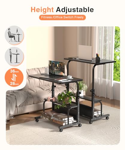 QZMDSM Black Adjustable Rolling Desk with Storage Shelves, 32 Inch Computer & Drafting Table