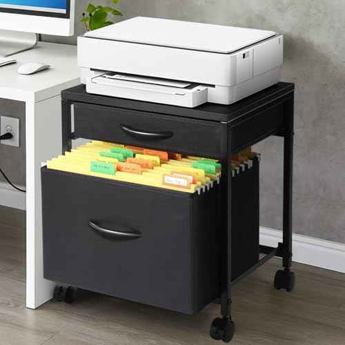 Rolling Mobile File Cabinet Cart with 2 Fabric Drawers A4 Letter Size Beside, Vertical Filing Cabinet on Lockable Wheels, Mobile Printer Stand Storage Under Desk for Home Office(Black)