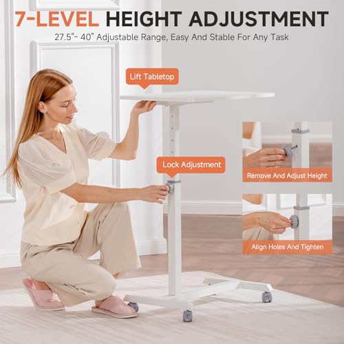 GTRACING Mobile Small Standing Desk, Sit Stand Portable Rolling Laptop Desk with Lockable Wheels, Adjustable Height Overbed Bedside Table Computer Workstations, White